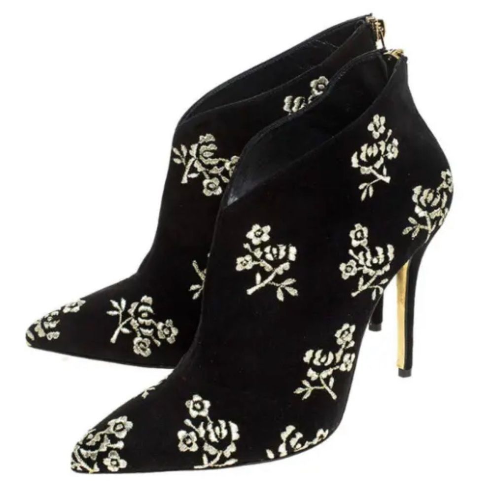 Oscar de la Renta Black Suede Ankle Boots with Gold Floral Embroidery